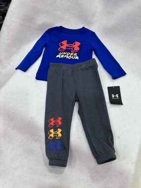 Under Armour Boys Blue Top & Charcoal Gray Joggers Set with Colorful Logos